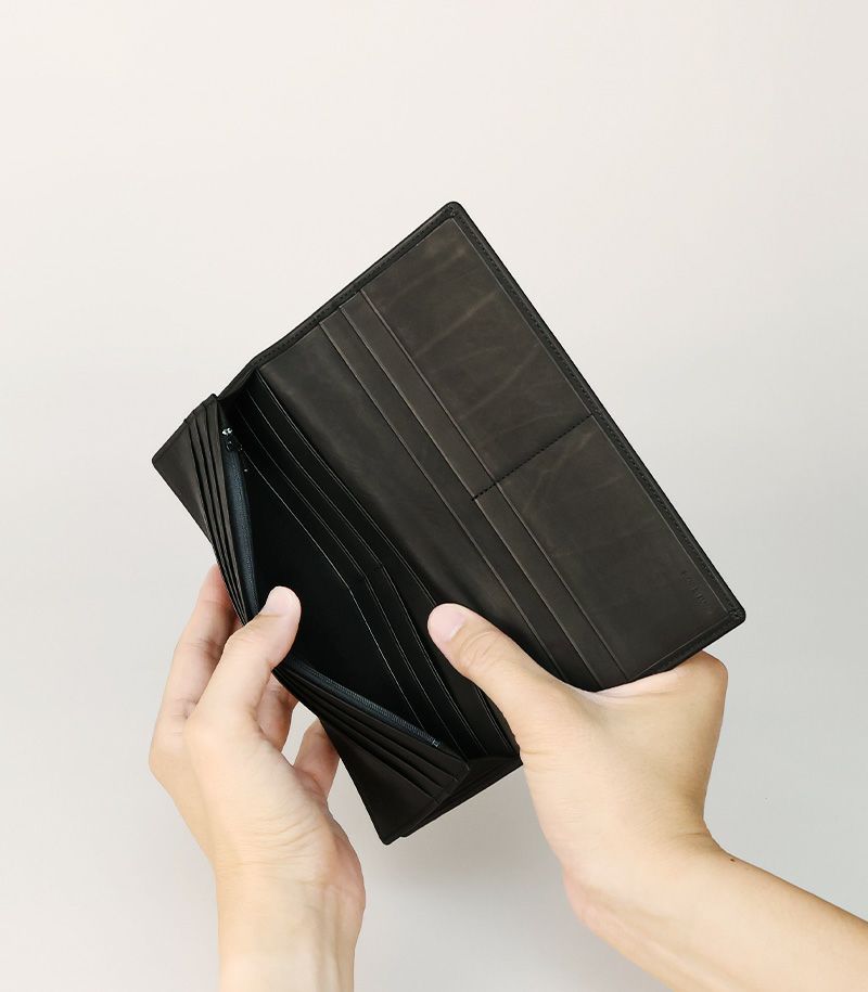 ファスナー付通しマチ長財布｜レーニアカーフ ｜グリーン