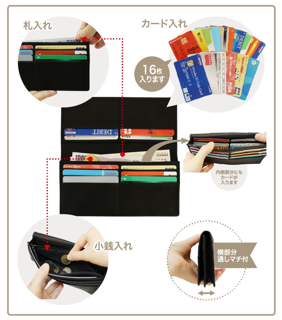 ファスナー付通しマチ長財布｜レーニアカーフ 