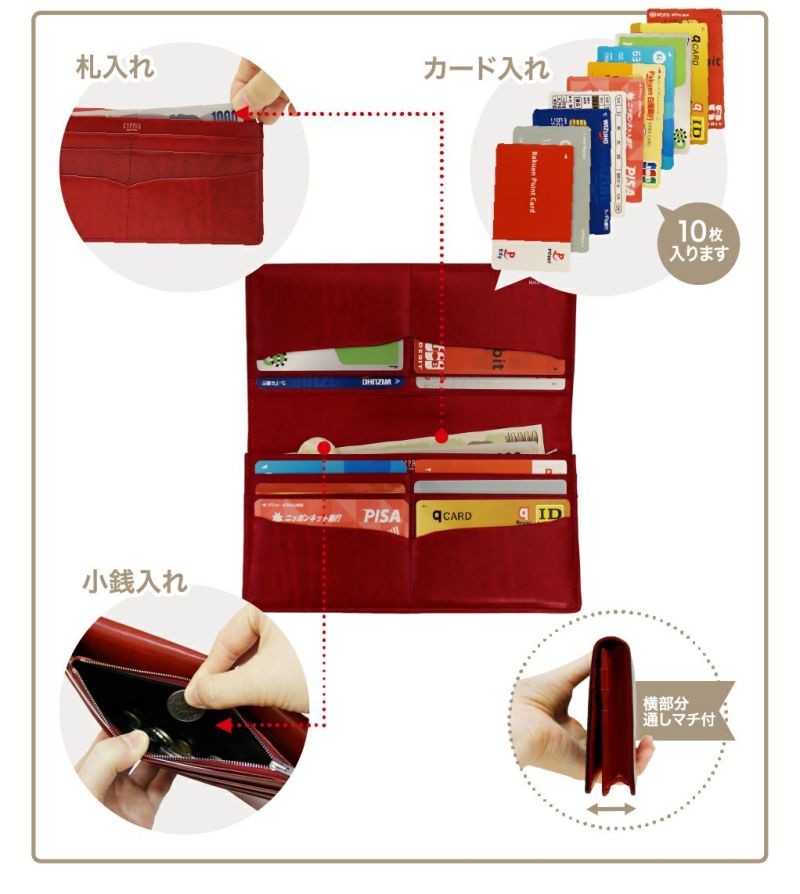 ファスナー付き通しマチ長財布｜ブライドルレザー＆ルーガ