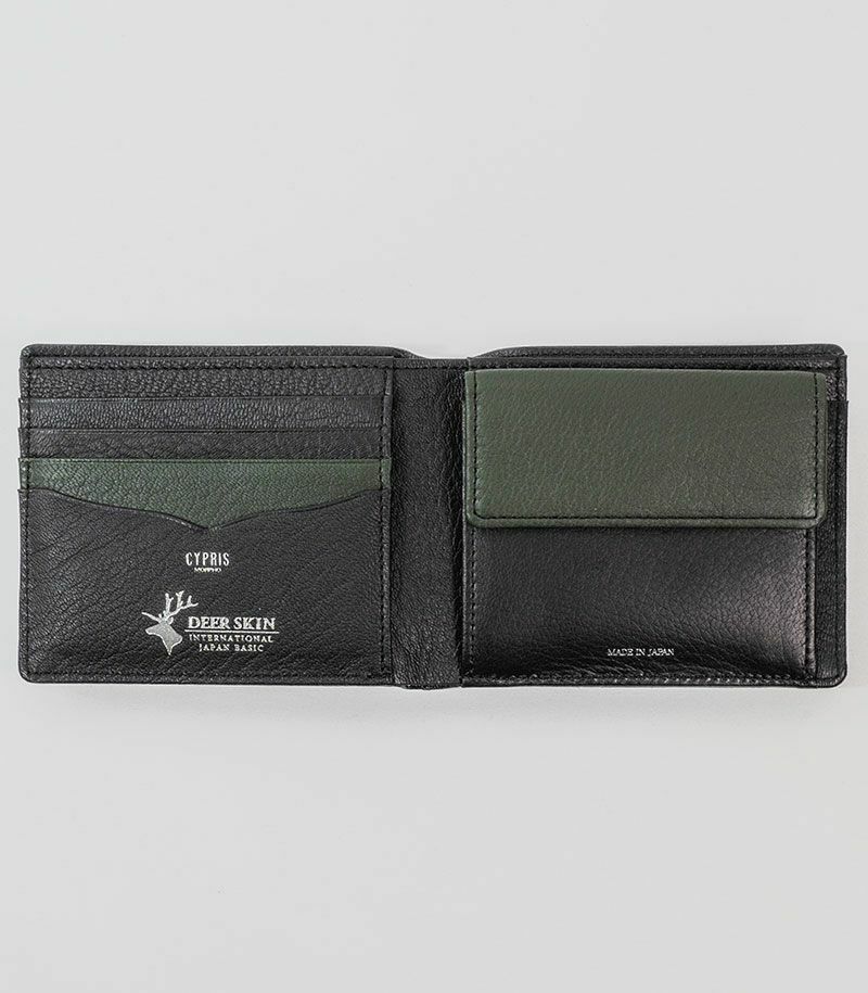未使用 CYPRIS FINE DEER 鹿革 モルフォ社製 二つ折り財布 黒緑 楽天市場】キプリス CYPRIS 二つ折り財布 小銭入れなし ファイン